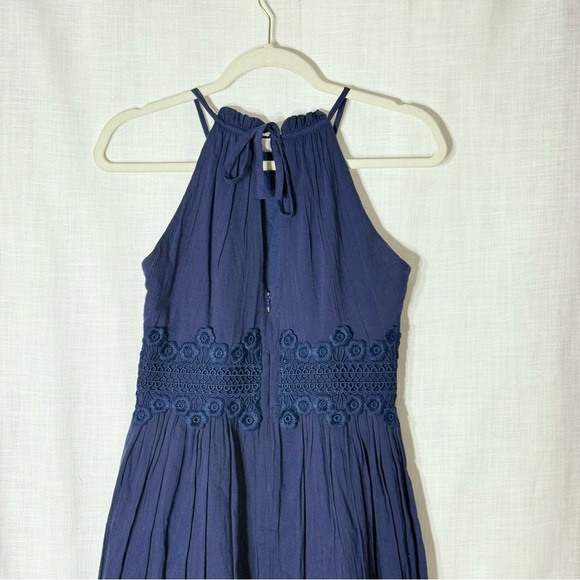 Elisa J Navy Blue Halter Midi Dress Cotton Lace Tiered Boho Size 2 cottagecore - Picture 4 of 7
